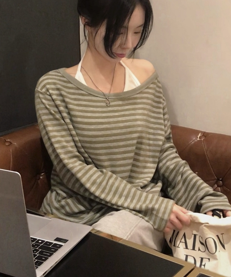 스트라이프 원오프 긴팔티셔츠 맨투맨 4color 그린