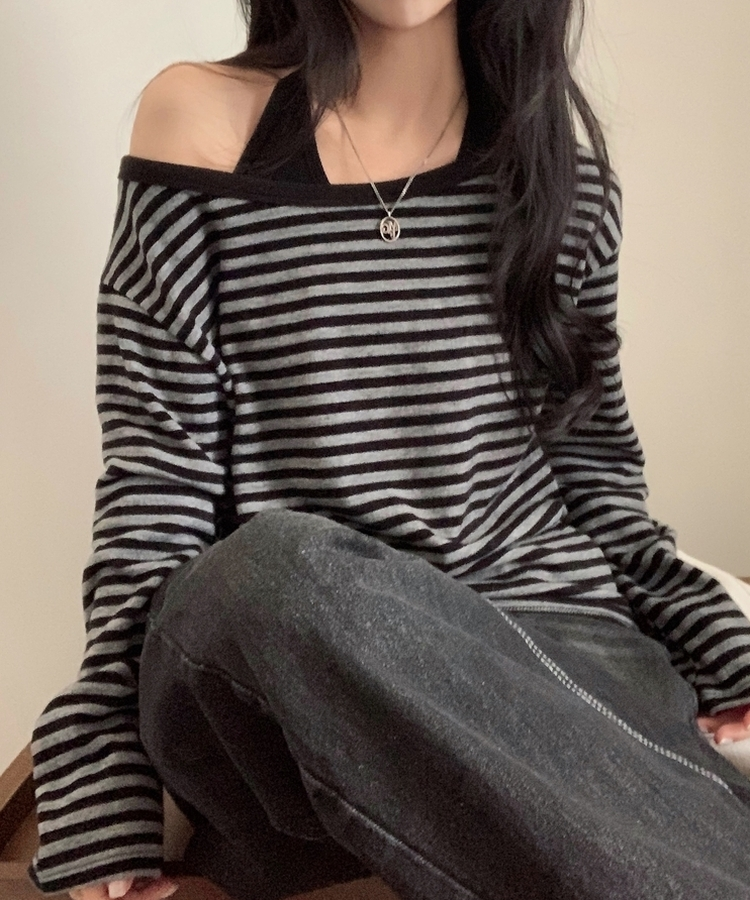 스트라이프 원오프 긴팔티셔츠 맨투맨 4color 블랙