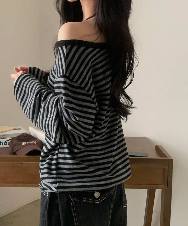 스트라이프 원오프 긴팔티셔츠 맨투맨 4color 블랙