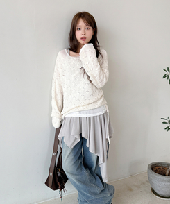 シースルーフラワー長袖Tシャツ IVORY