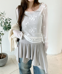 シースルーフラワー長袖Tシャツ IVORY