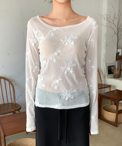 シースルーフラワー長袖Tシャツ IVORY