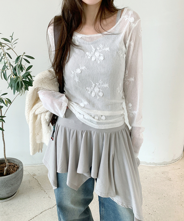 シースルーフラワー長袖Tシャツ IVORY