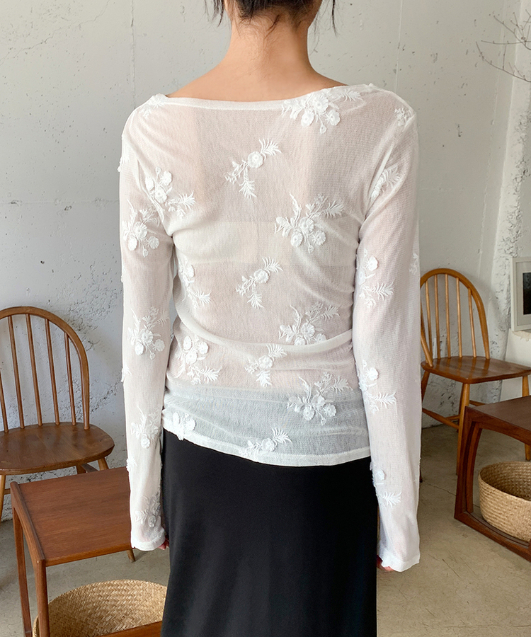 シースルーフラワー長袖Tシャツ IVORY