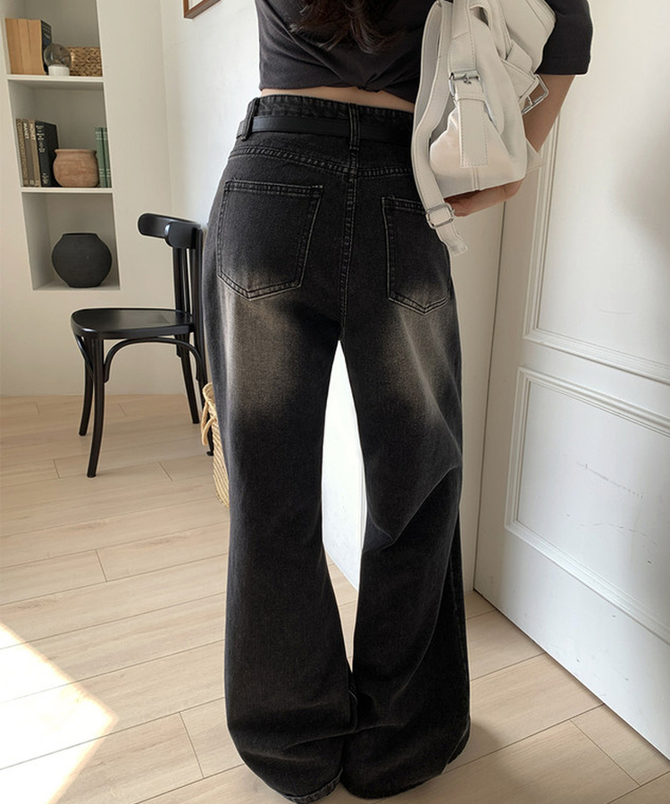 【丈別】ビンテージウォッシュワイドデニムパンツ(5color) BLACK DENIM