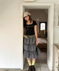 ティアードチェックミディスカート BLACK