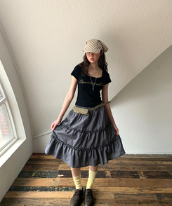 ティアードチェックミディスカート BLACK