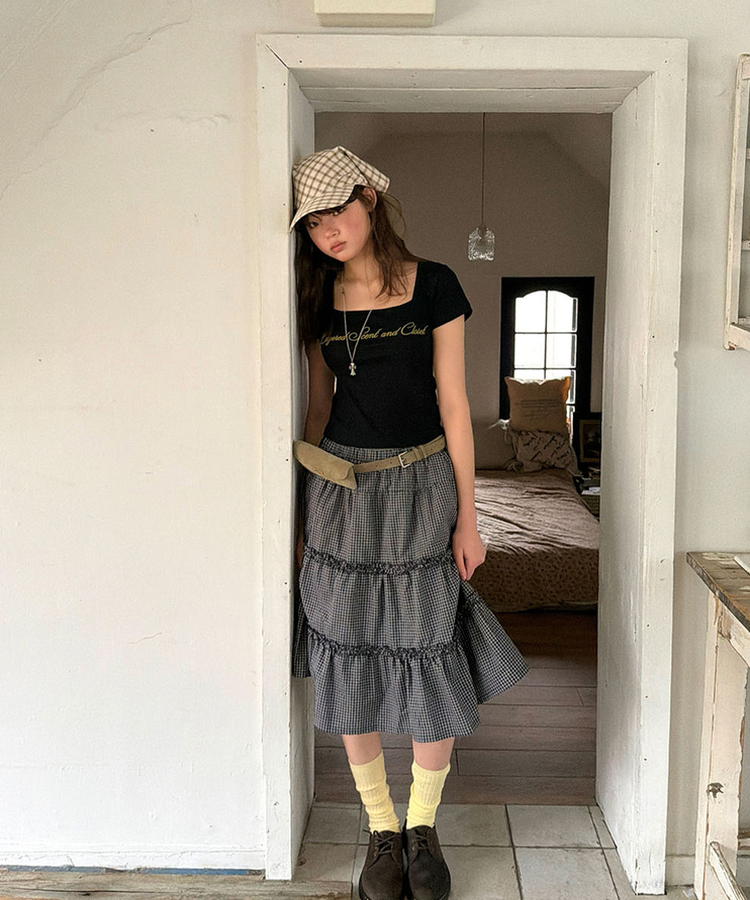 ティアードチェックミディスカート BLACK