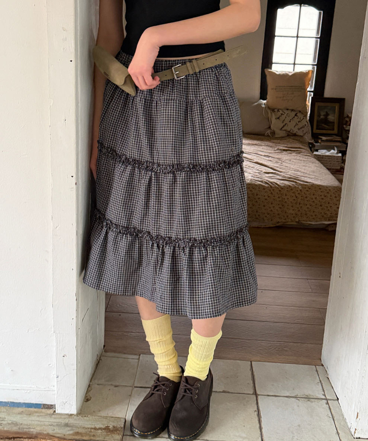 ティアードチェックミディスカート BLACK