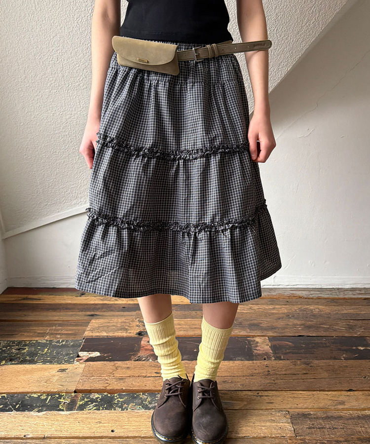 ティアードチェックミディスカート BLACK