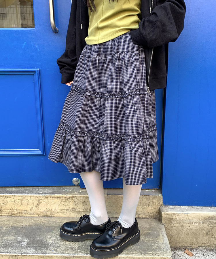ティアードチェックミディスカート NAVY