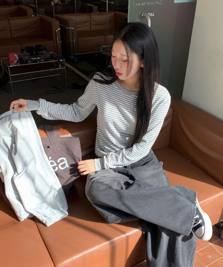 ストライプ長袖Tシャツ GREY