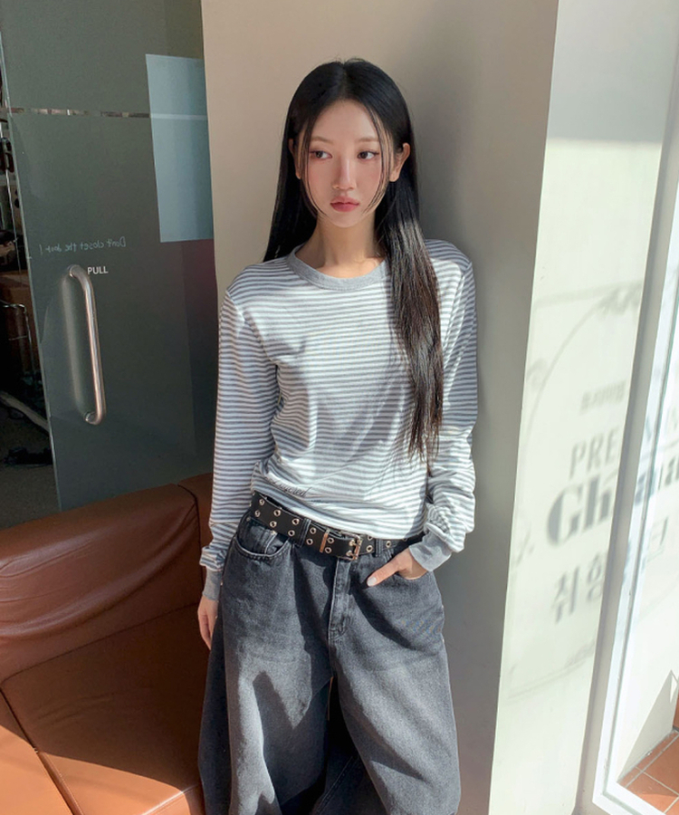 ストライプ長袖Tシャツ GREY