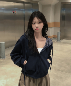 チェックバイカラー長袖フードジップアップ(5color) NAVY