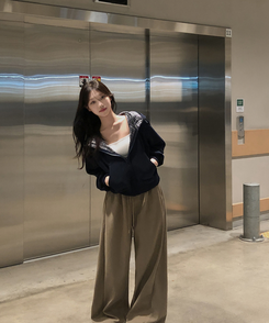 チェックバイカラー長袖フードジップアップ(5color) NAVY