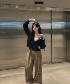 チェックバイカラー長袖フードジップアップ(5color) NAVY