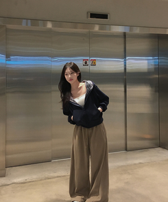 チェックバイカラー長袖フードジップアップ(5color) NAVY