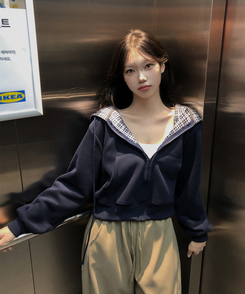 チェックバイカラー長袖フードジップアップ(5color) NAVY