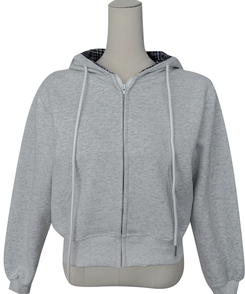 チェックバイカラー長袖フードジップアップ(5color)