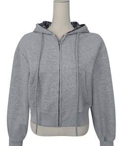 チェックバイカラー長袖フードジップアップ(5color)