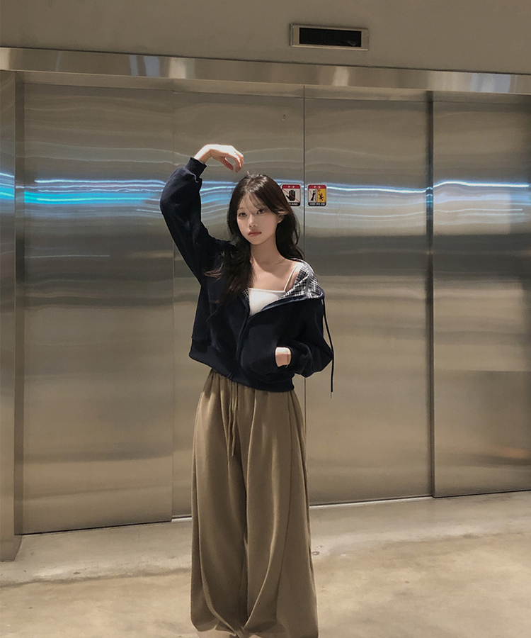 チェックバイカラー長袖フードジップアップ(5color) NAVY