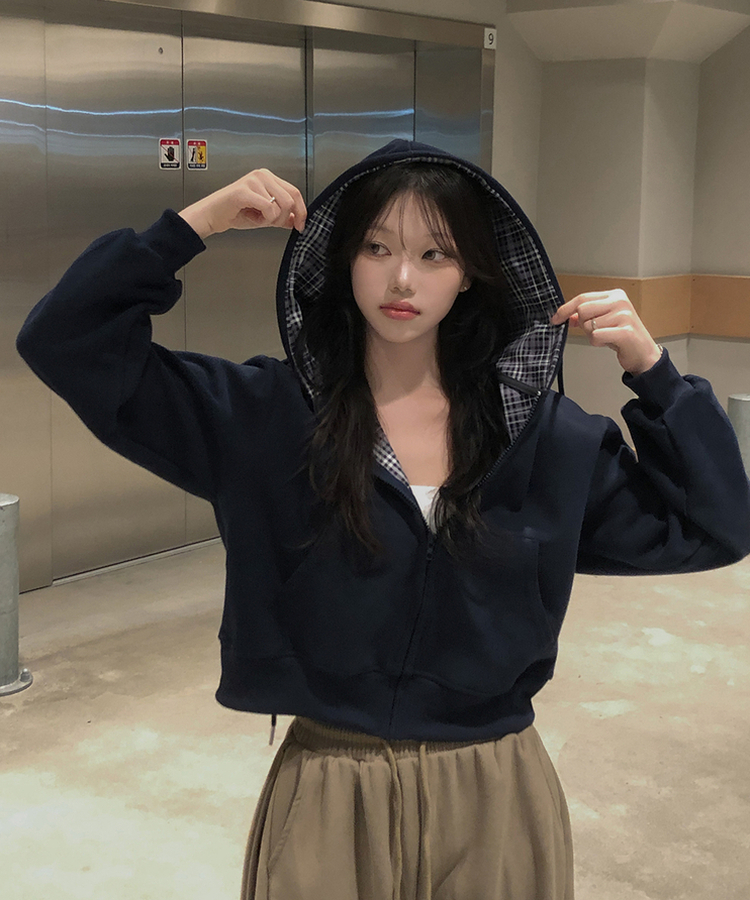 チェックバイカラー長袖フードジップアップ(5color) NAVY