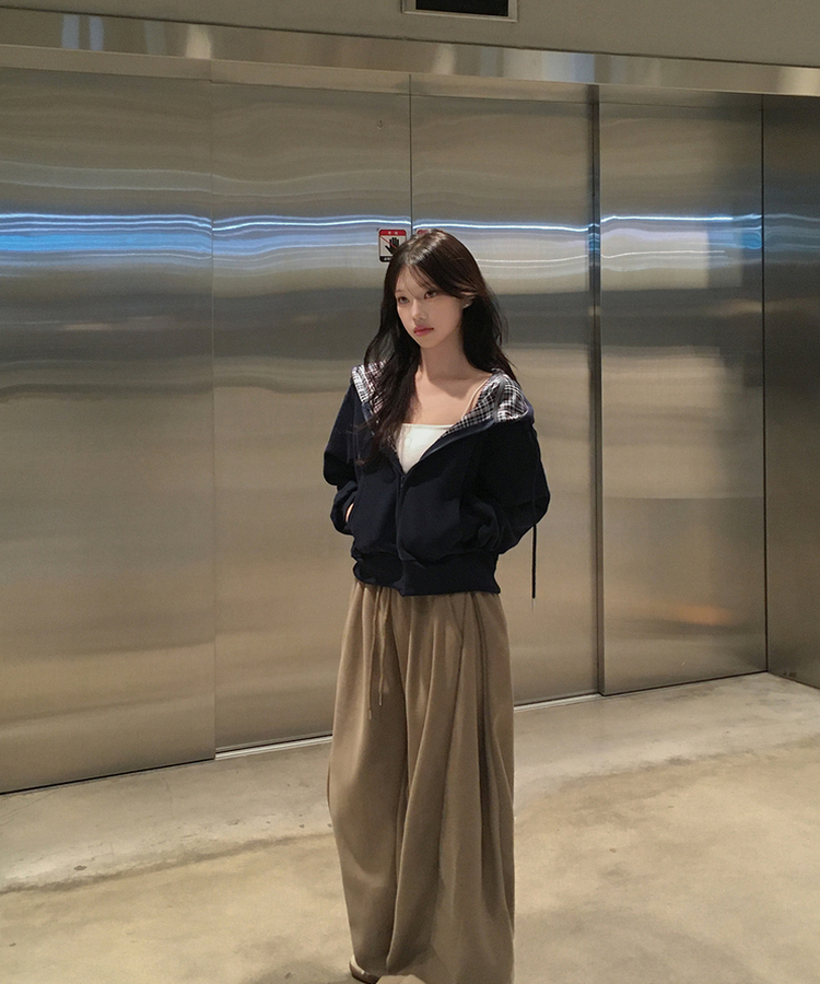 チェックバイカラー長袖フードジップアップ(5color) NAVY