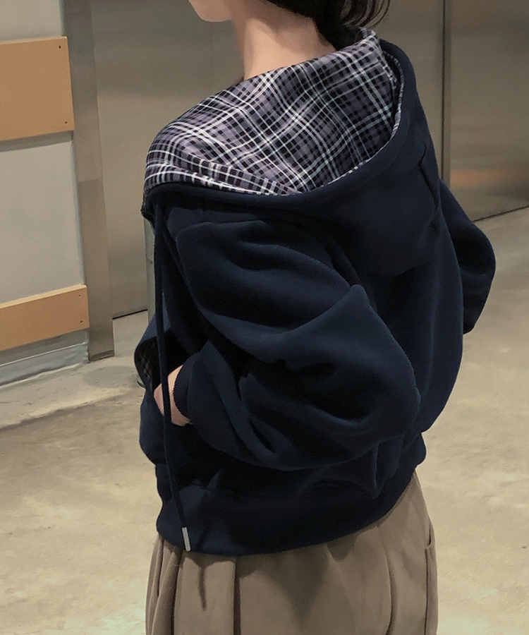 チェックバイカラー長袖フードジップアップ(5color) NAVY