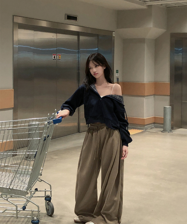 チェックバイカラー長袖フードジップアップ(5color) NAVY