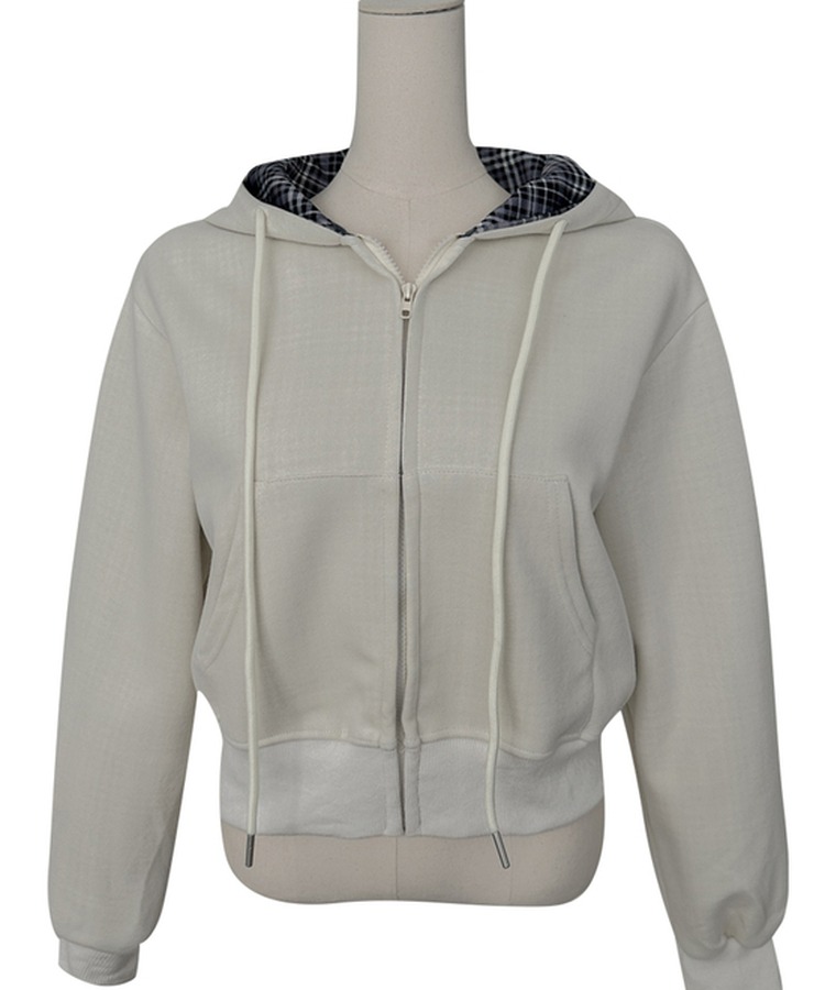 チェックバイカラー長袖フードジップアップ(5color)