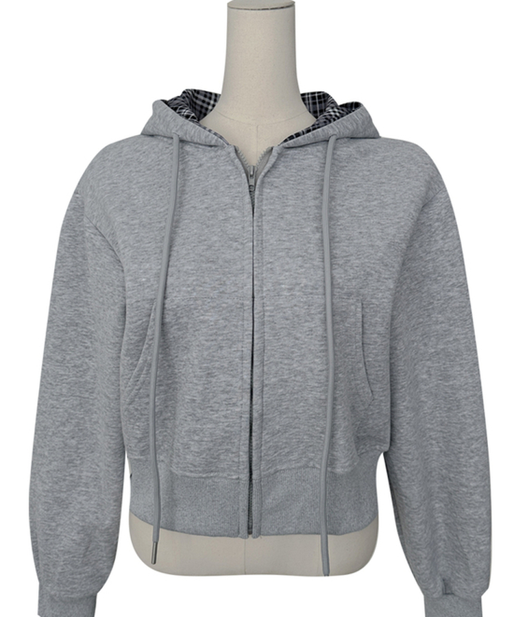 チェックバイカラー長袖フードジップアップ(5color)