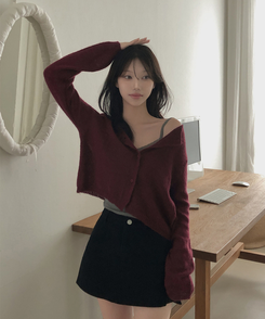 デイリーラウンドネック長袖カーディガン(9color) BURGUNDY