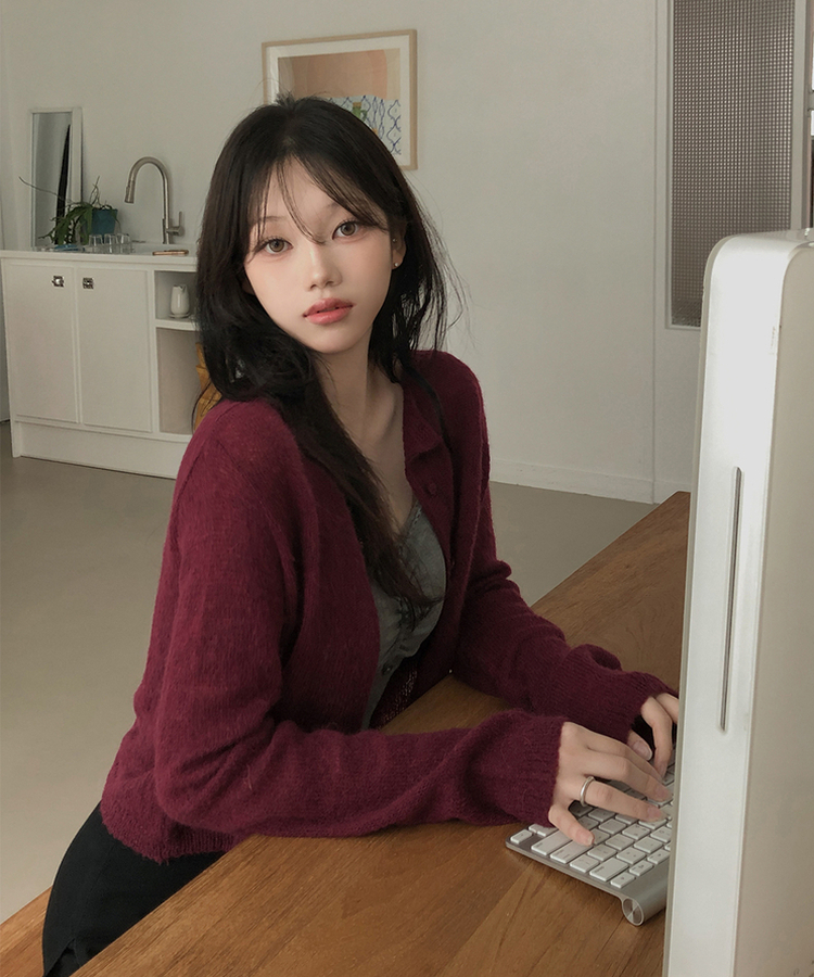 デイリーラウンドネック長袖カーディガン(9color) BURGUNDY