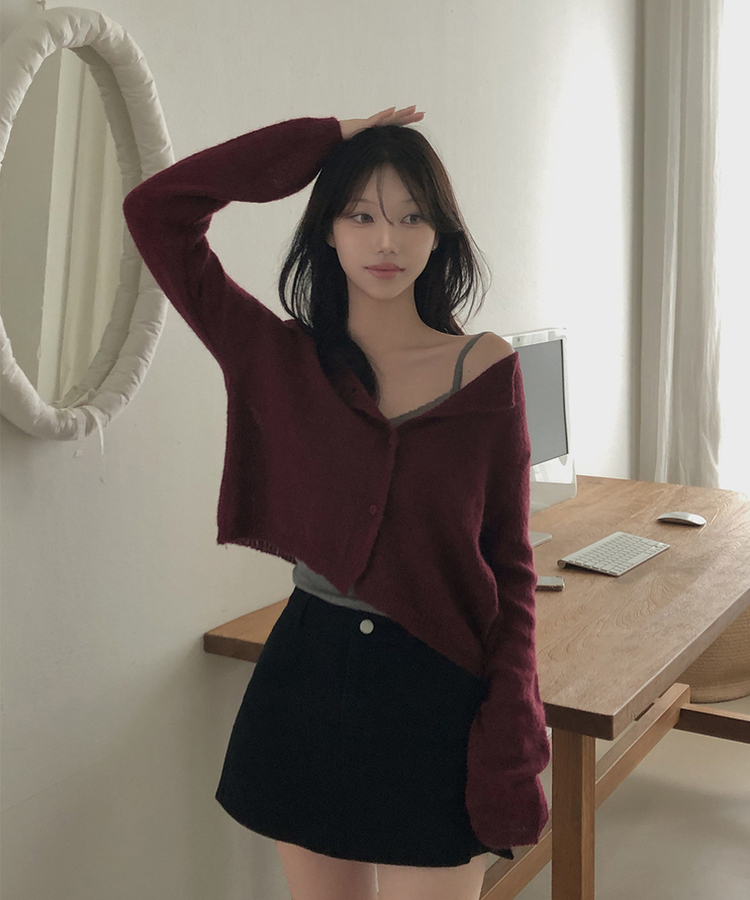 デイリーラウンドネック長袖カーディガン(9color) BURGUNDY