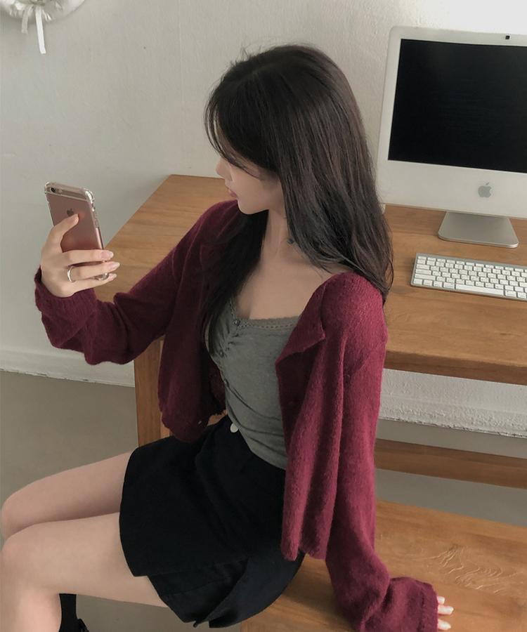 デイリーラウンドネック長袖カーディガン(9color) BURGUNDY