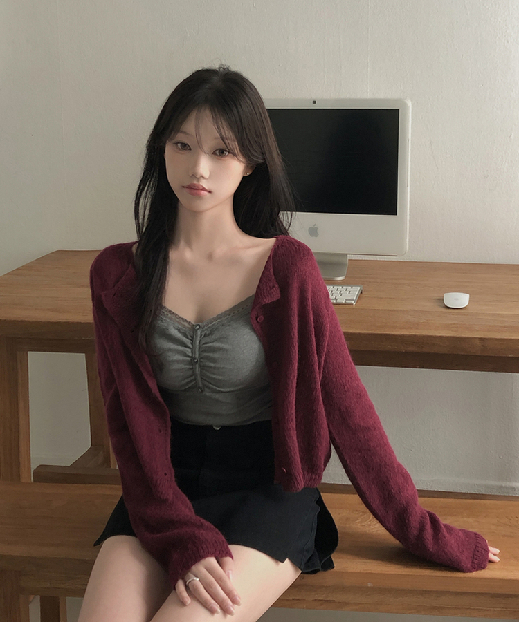 デイリーラウンドネック長袖カーディガン(9color) BURGUNDY