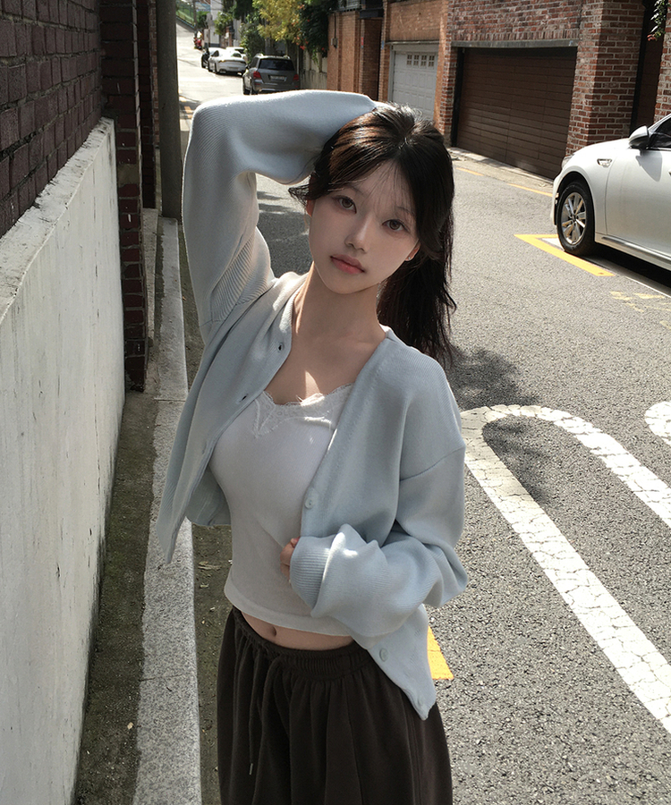 ベーシックVネック長袖ニットカーディガン(13color) SKY BLUE