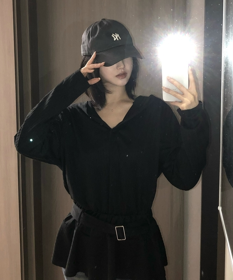 フードベルト長袖ワンピース BLACK