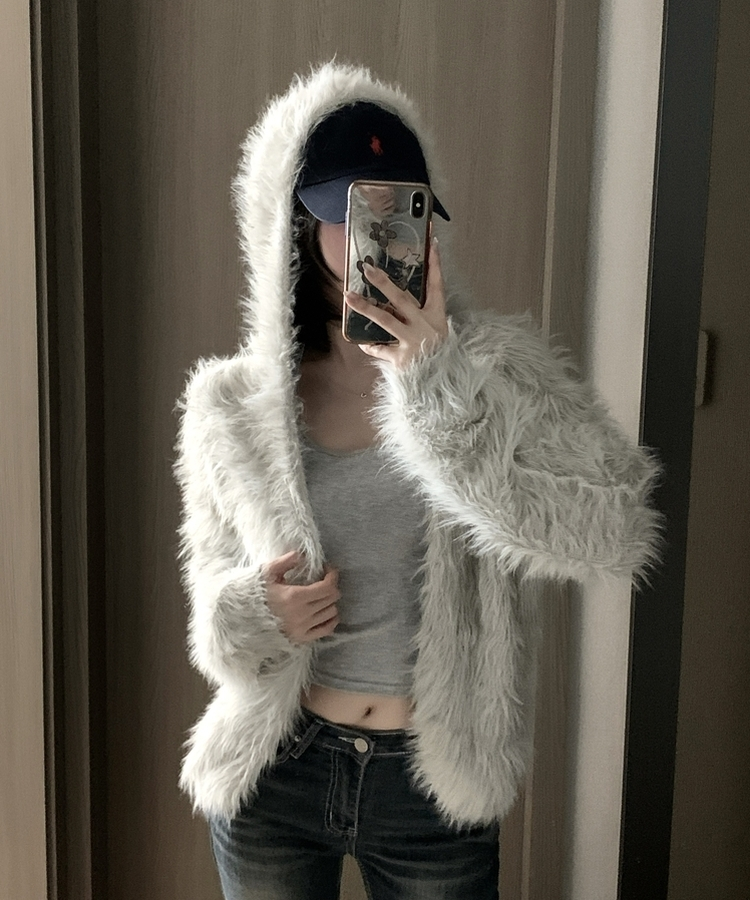 フード付きファカーディガン GREY