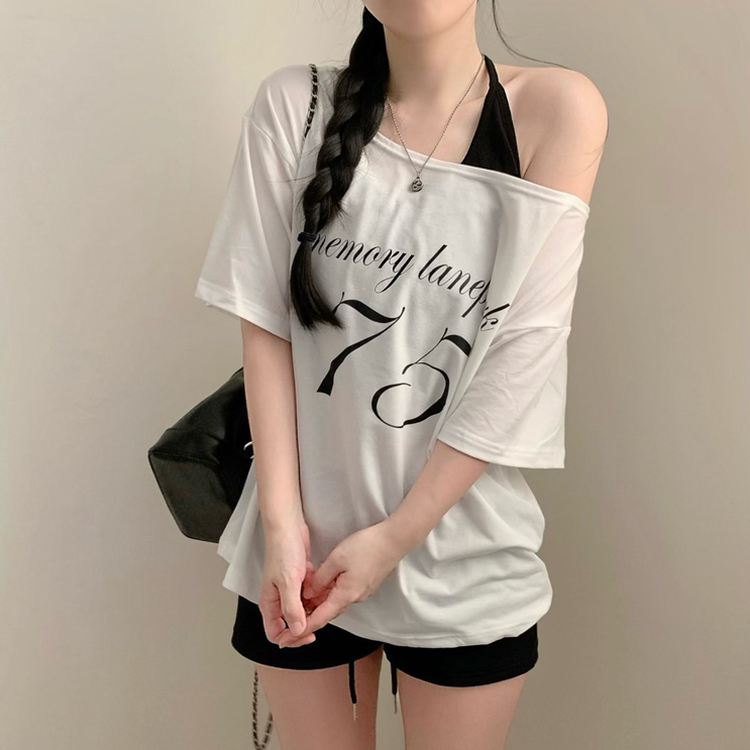 레터링 75 원숄더 루즈핏 오버핏 반팔티 여름 반팔 여름옷 오프숄더 상의 아이보리