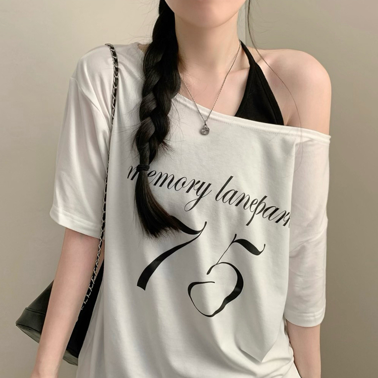 레터링 75 원숄더 루즈핏 오버핏 반팔티 여름 반팔 여름옷 오프숄더 상의 아이보리