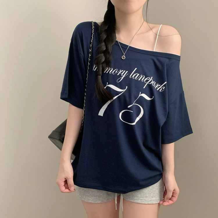 레터링 75 원숄더 루즈핏 오버핏 반팔티 여름 반팔 여름옷 오프숄더 상의 곤색