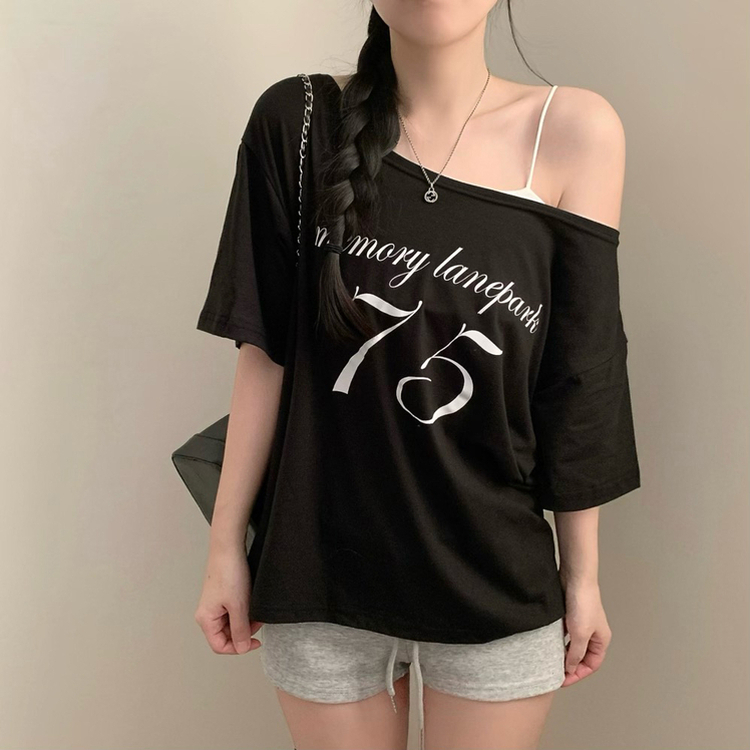 레터링 75 원숄더 루즈핏 오버핏 반팔티 여름 반팔 여름옷 오프숄더 상의 블랙