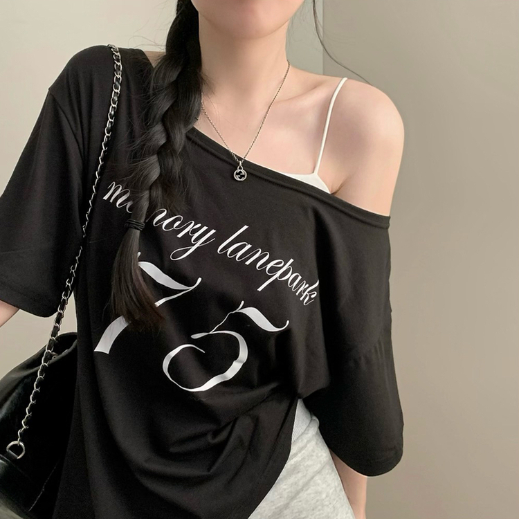 레터링 75 원숄더 루즈핏 오버핏 반팔티 여름 반팔 여름옷 오프숄더 상의 블랙