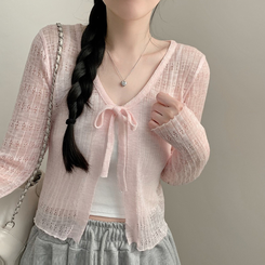 リボンシースルーパンチングカーディガン(7color) PINK