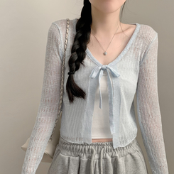 リボンシースルーパンチングカーディガン(7color) SKY BLUE