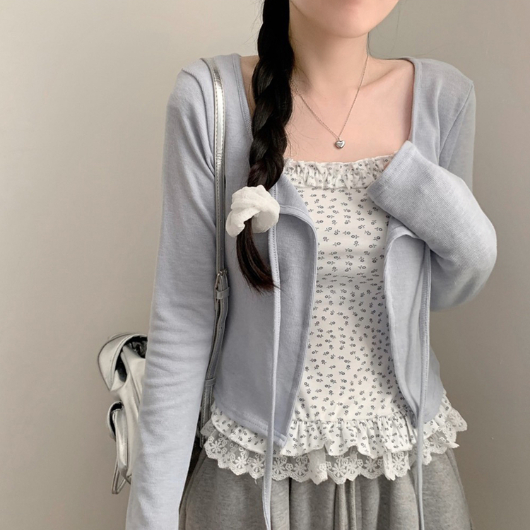 【SET】フラワーレースフリルキャミソール カーディガン SKY BLUE