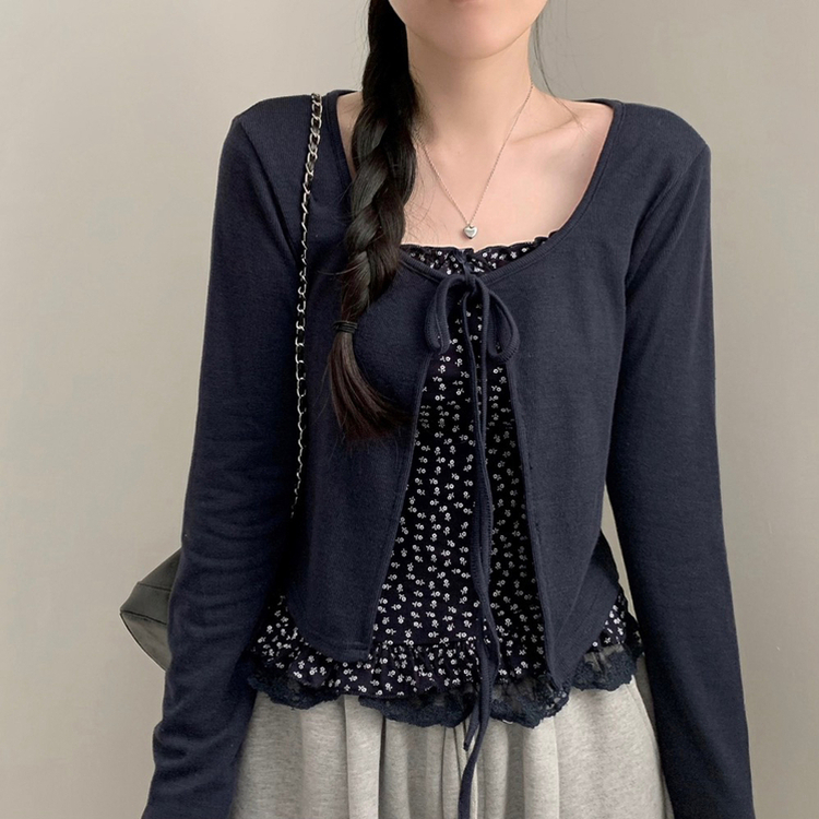 【SET】フラワーレースフリルキャミソール カーディガン NAVY