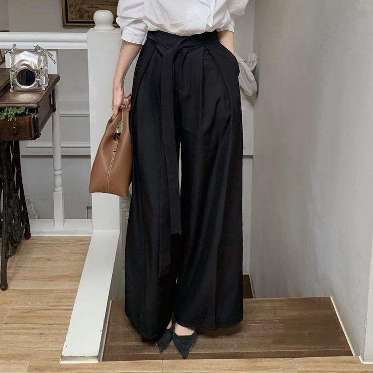 タイ付きワイドピンテックロングスラックス BLACK