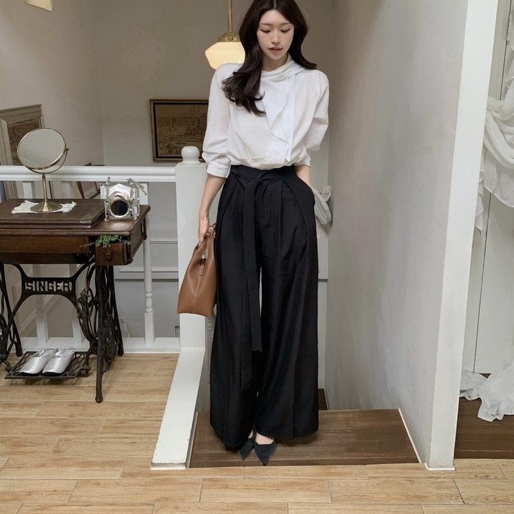 タイ付きワイドピンテックロングスラックス BLACK